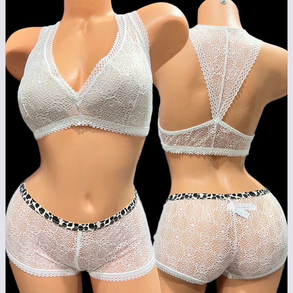 Victoria’s Secret Set Crochet Lace lined bralette & shortie boy shorts panty S M